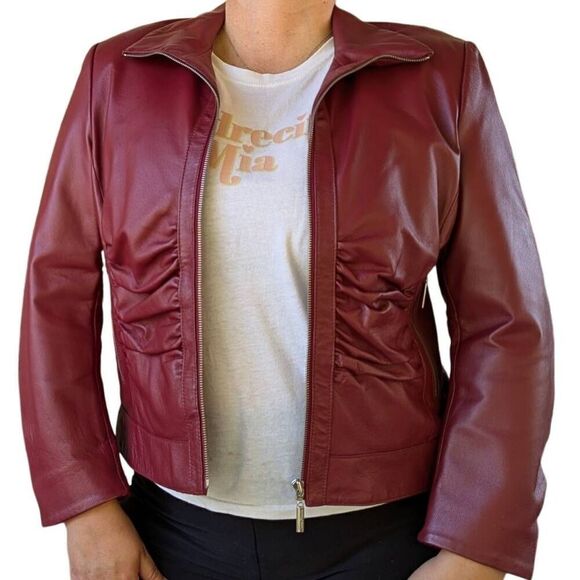 Vintage Genuine Leather Maroon Red Motorcycle Biker Jacket Punk Rocker Size XL - Picture 3 of 10